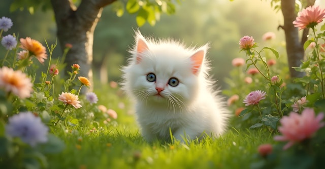 Fluffy White Kitten in Vibrant Garden