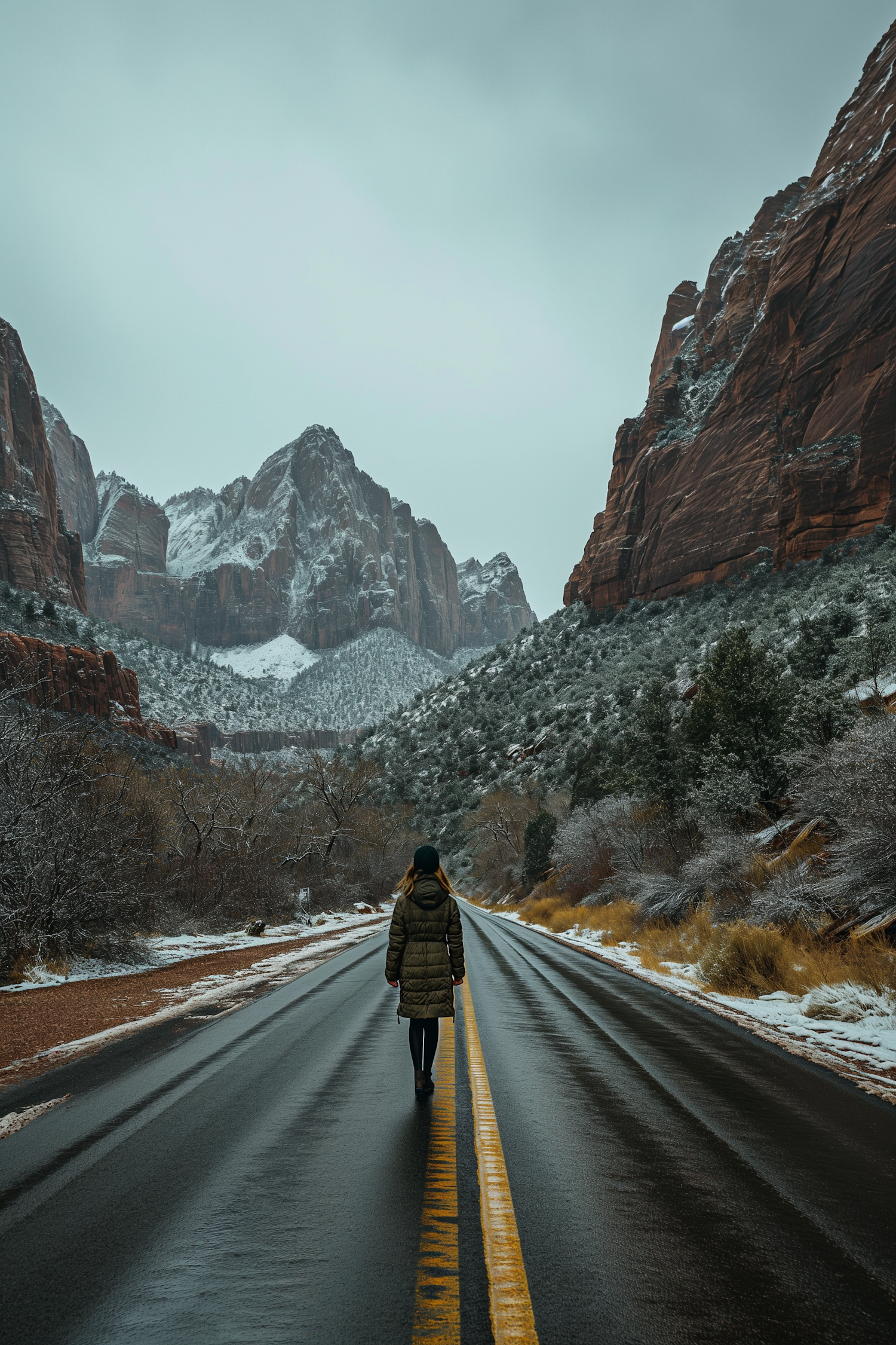 Solitary Contemplation on a Snow-Edged Mountain Road