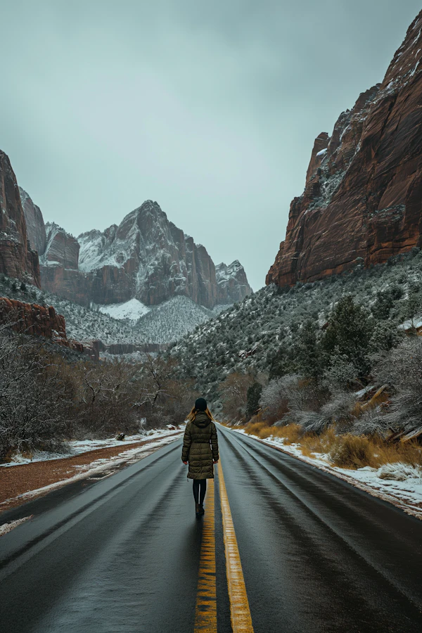 Solitary Contemplation on a Snow-Edged Mountain Road