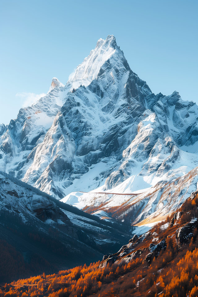 Majestic Snow-Capped Mountain with Autumn Foliage