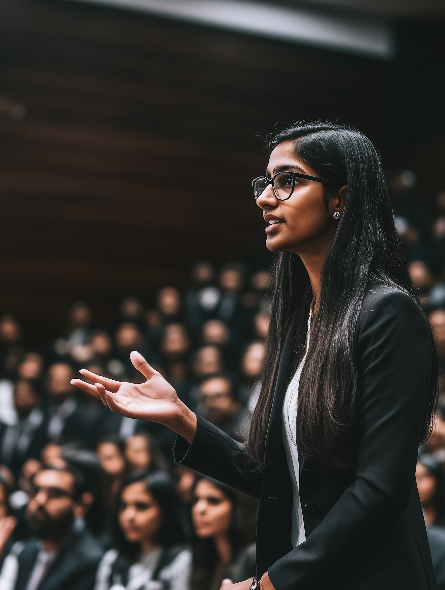 Young Woman Speaking in Formal Setting