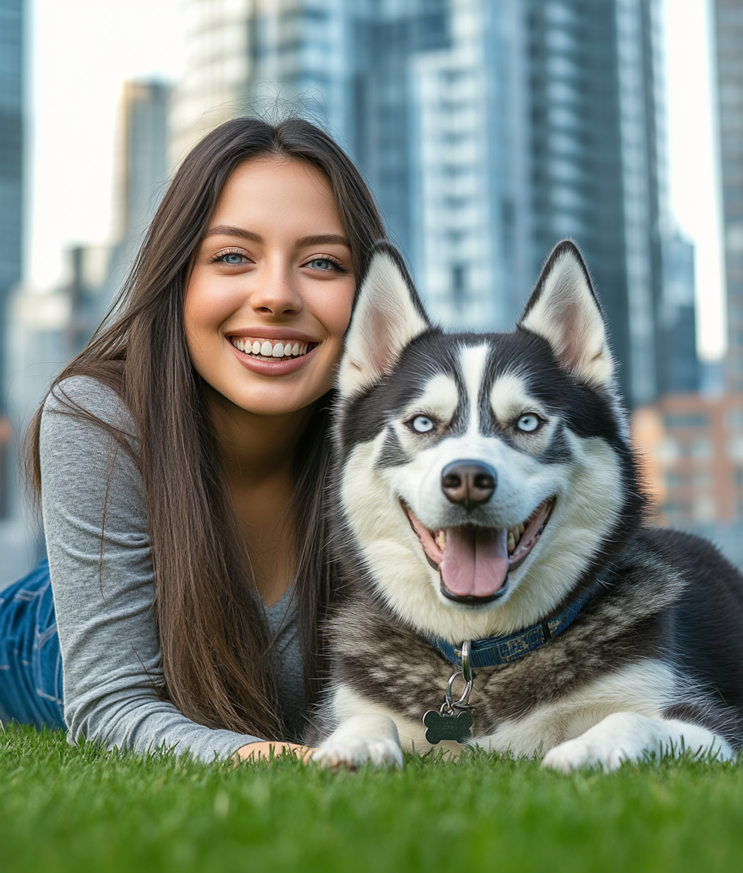 Cheerful Young Woman and Siberian Husky in Park