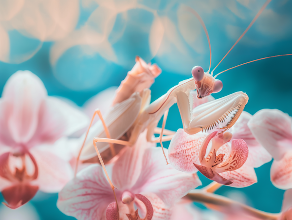 Ethereal Praying Mantis on Orchid Blossoms