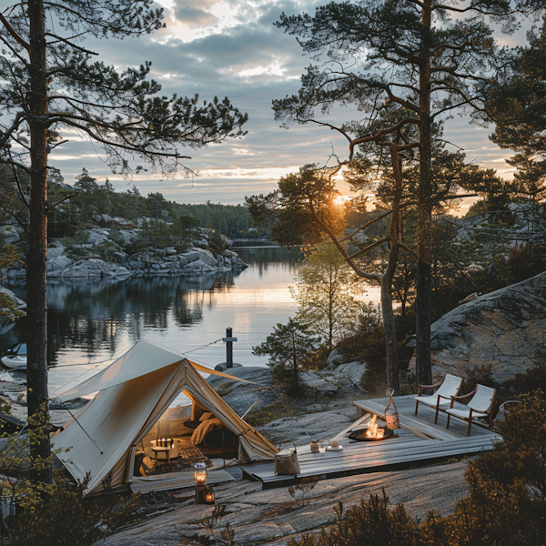 Luxurious Lakeside Camping at Sunset