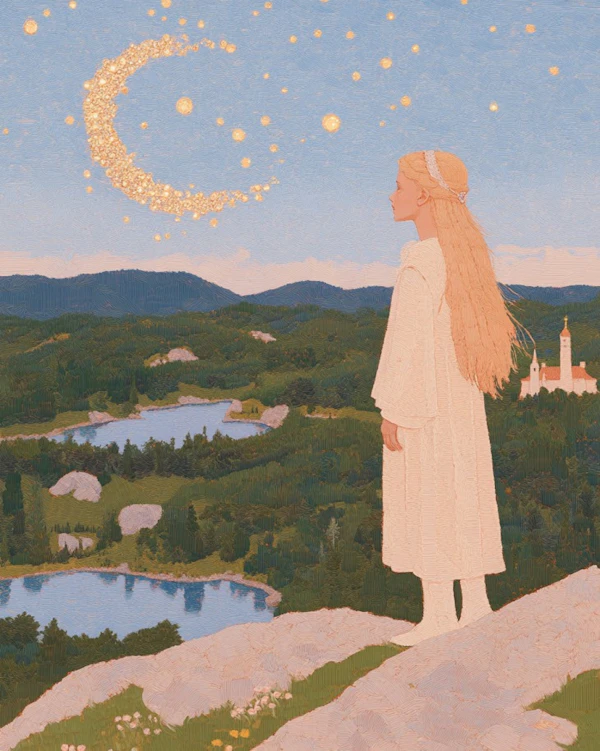 Girl Gazing at Crescent Moon