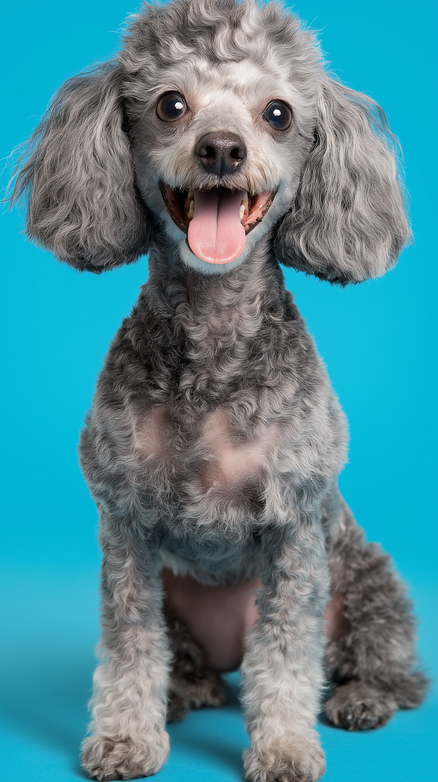 Joyful Grey Poodle Against Turquoise Background