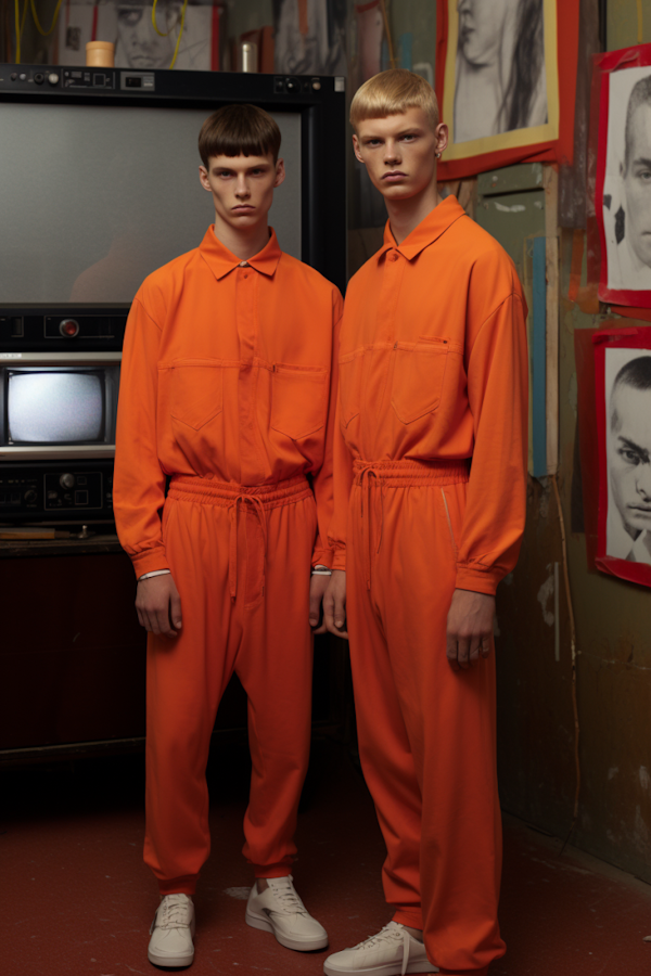 Duo in Sync: The Orange Jumpsuit Portrait