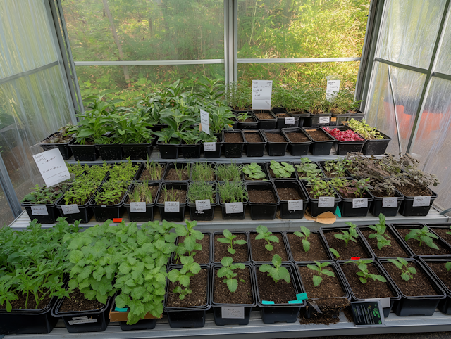 Greenhouse Interior with Potted Plants