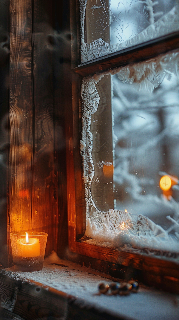 Candle on Snowy Windowsill