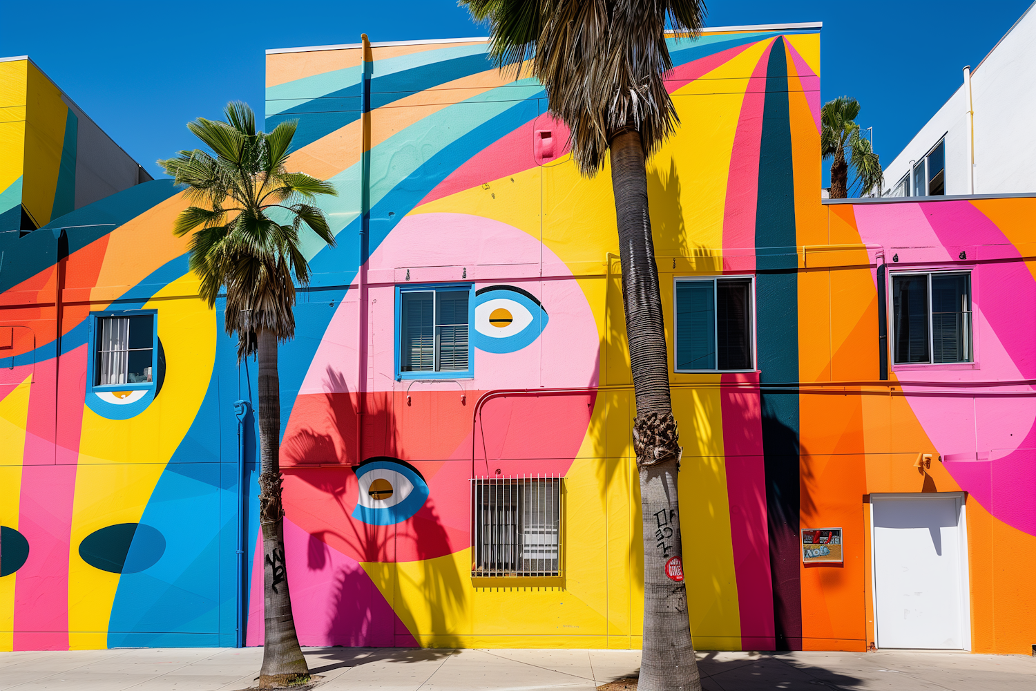 Colorful Geometric Mural with Stylized Eyes