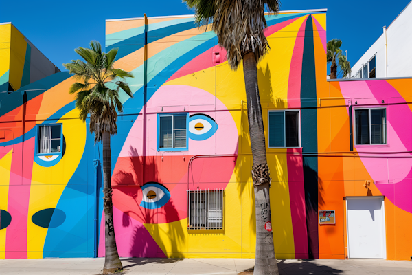 Colorful Geometric Mural with Stylized Eyes