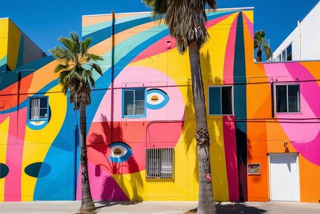 Colorful Geometric Mural with Stylized Eyes