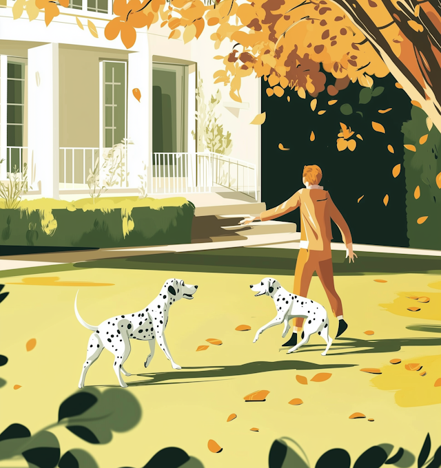 Autumn Playtime with Man and Dalmatians