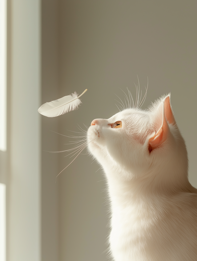 Curious Cat and Floating Feather