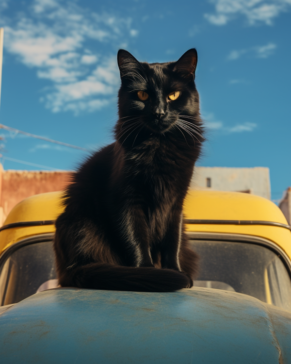 Regal Black Cat on Aged Yellow Vehicle