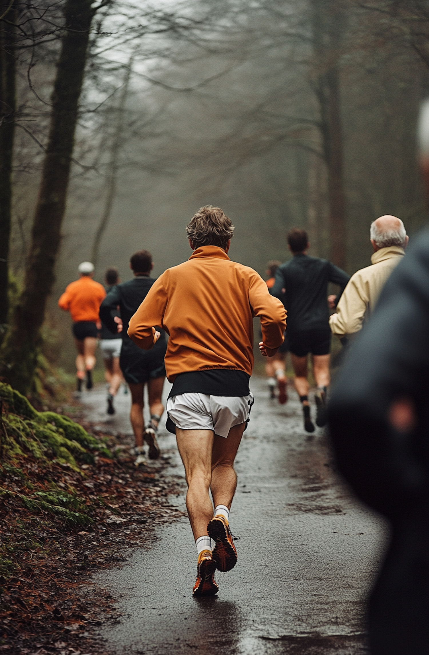 Runners in a Misty Forest