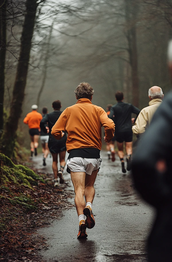 Runners in a Misty Forest