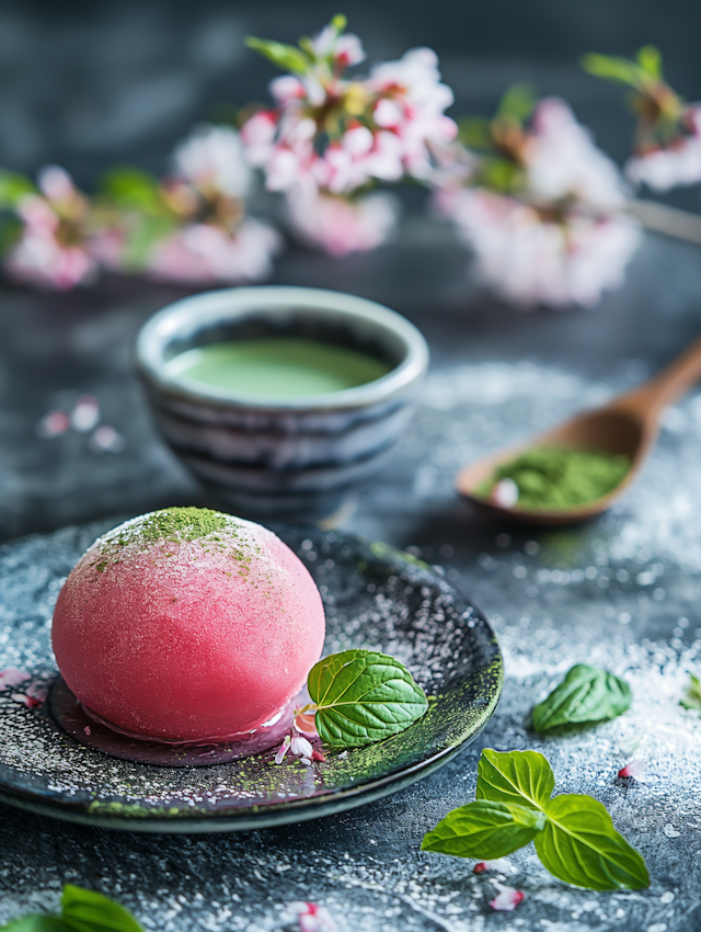 Serene Japanese Tea Setting with Mochi