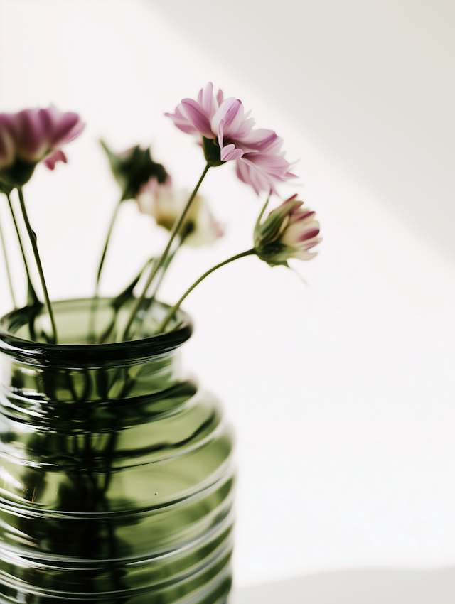 Green Glass Vase with Pink Flowers