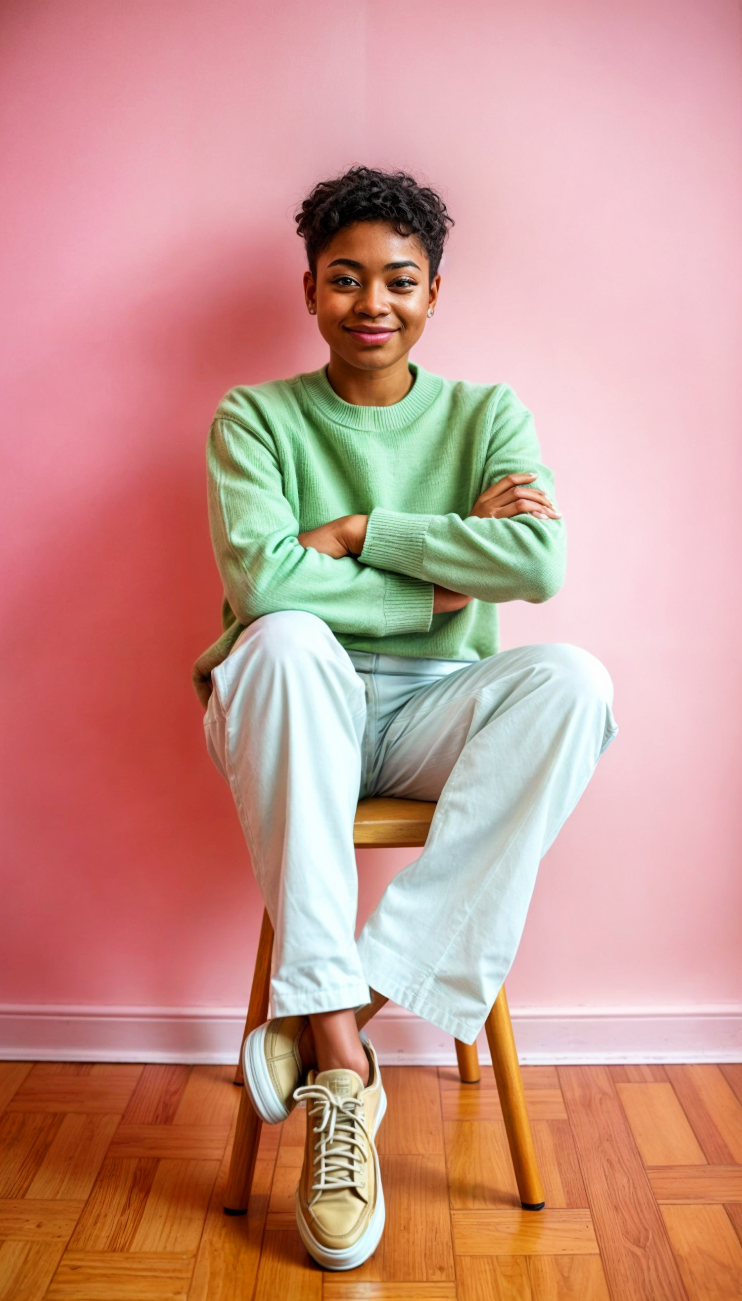 Person in Pastel Outfit Against Pink Background