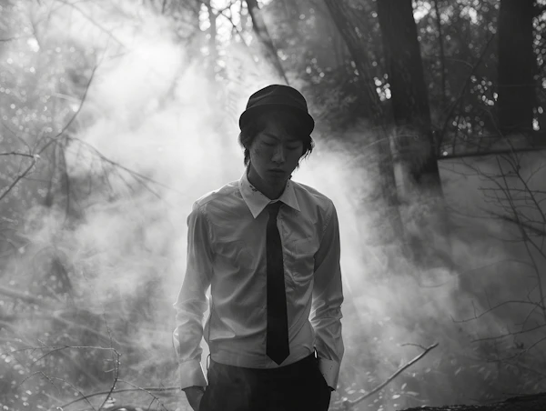Contemplative Man in Misty Forest