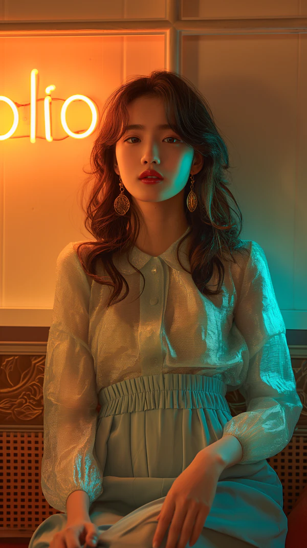 Serene Woman with Neon Ambiance