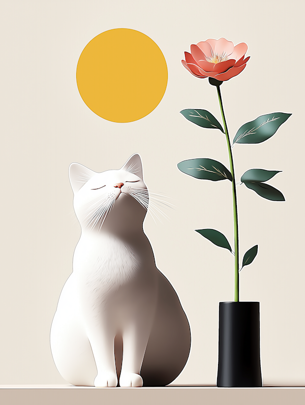 Serene Cat with Sun and Flower