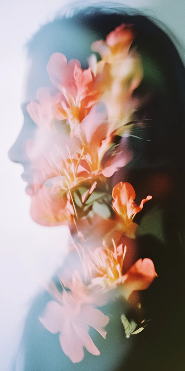 Double Exposure of Human Profile and Flowers