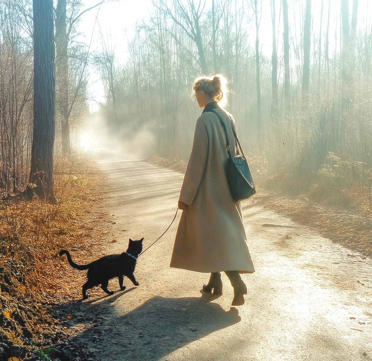 Person Walking Cat in Misty Forest