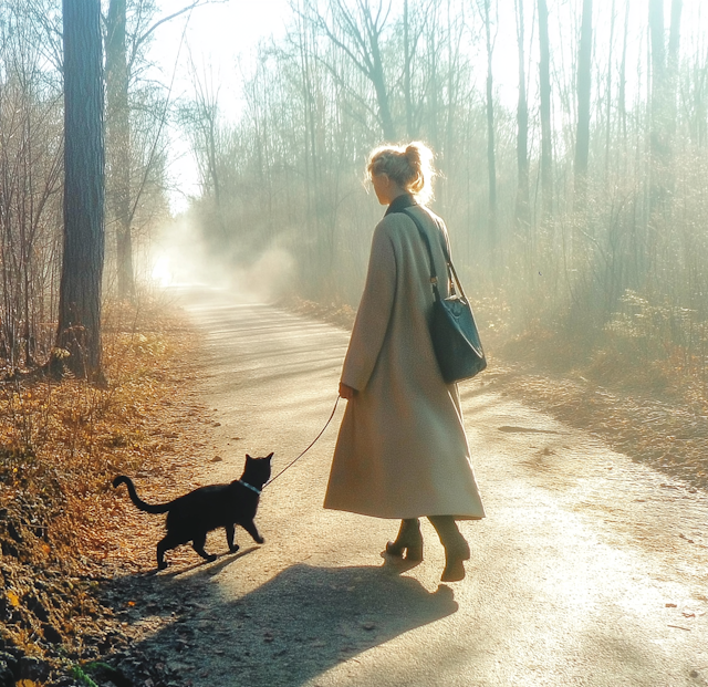 Person Walking Cat in Misty Forest