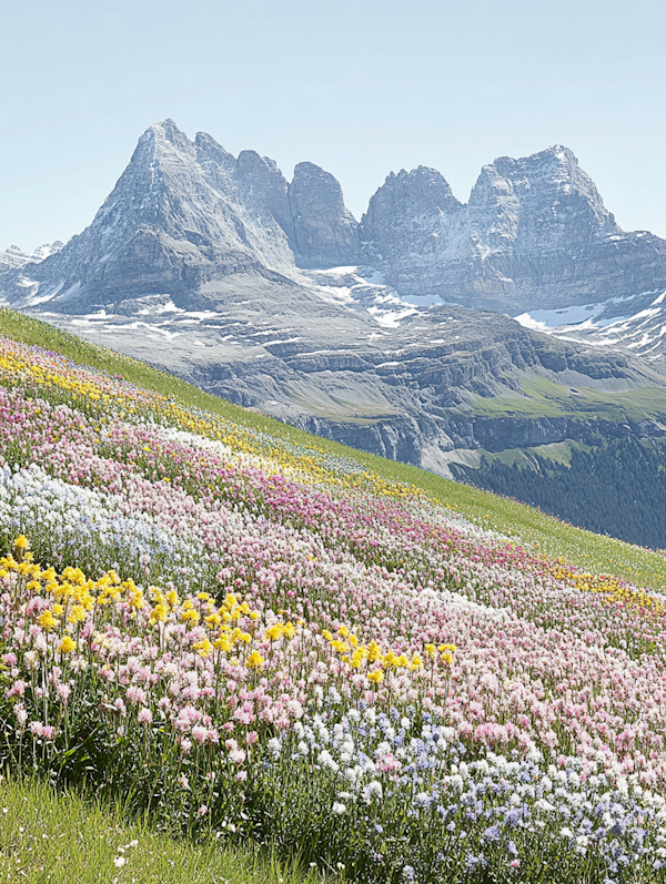 Vibrant Meadow with Mountain Range