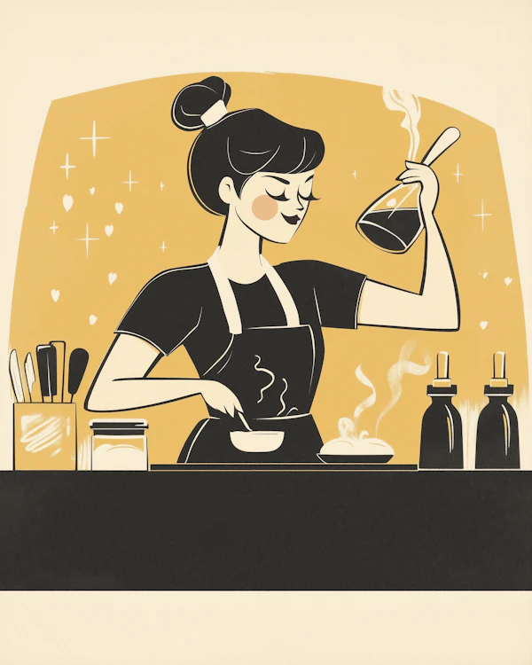 Stylized Woman Cooking in Kitchen