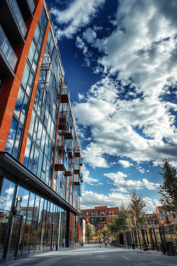 Modern Urban Scene with Glass and Brick Building