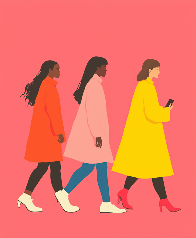 Three Women Walking in Colorful Coats