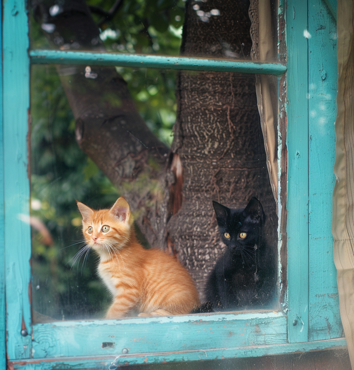 Curious Kittens Behind Rustic Window