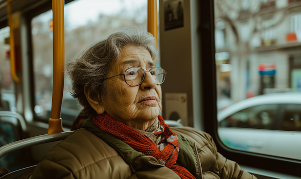 Contemplative Elderly Woman on Bus