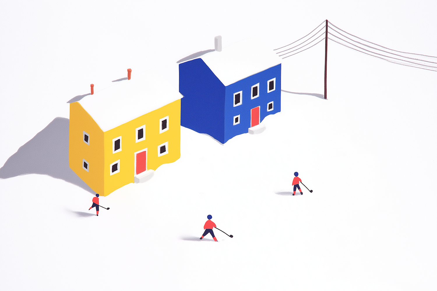 Minimalist Winter Scene with Colorful Houses