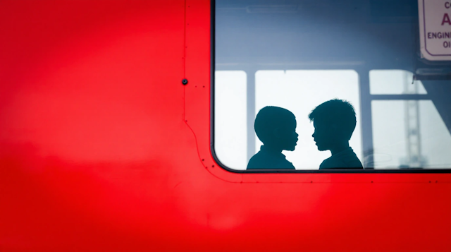 Children Silhouettes on Red Background