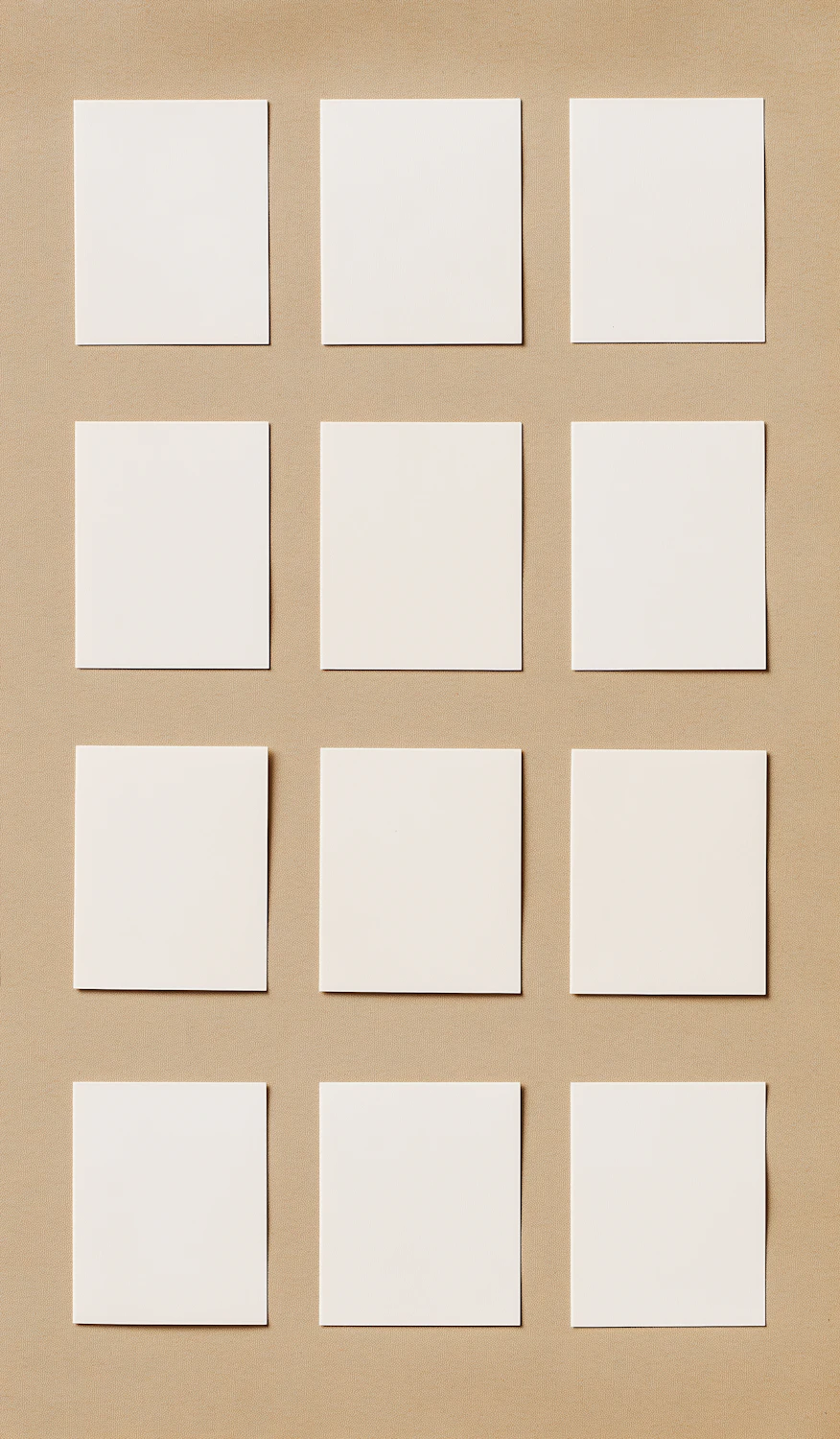 Twelve white paper squares arranged in an even grid on a warm background