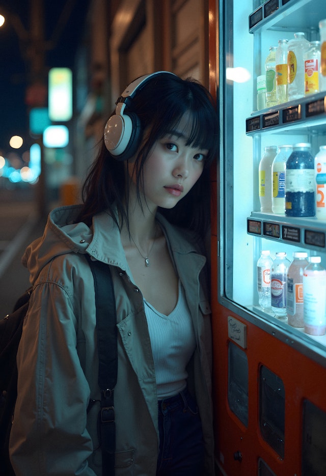 Contemplative Woman by Vending Machine at Night