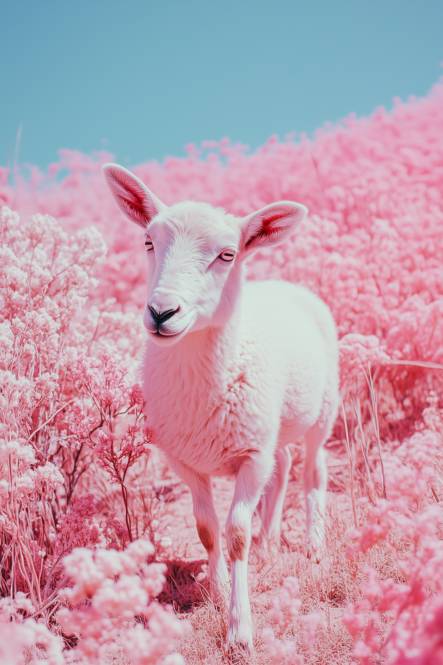 Sheep in Pink Flower Field