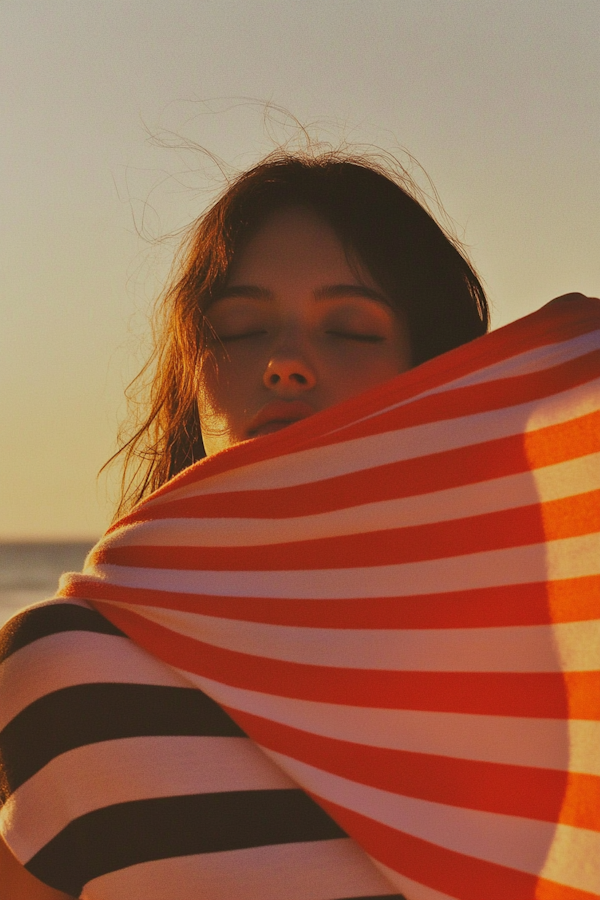 Serene Woman Enveloped in Striped Towel