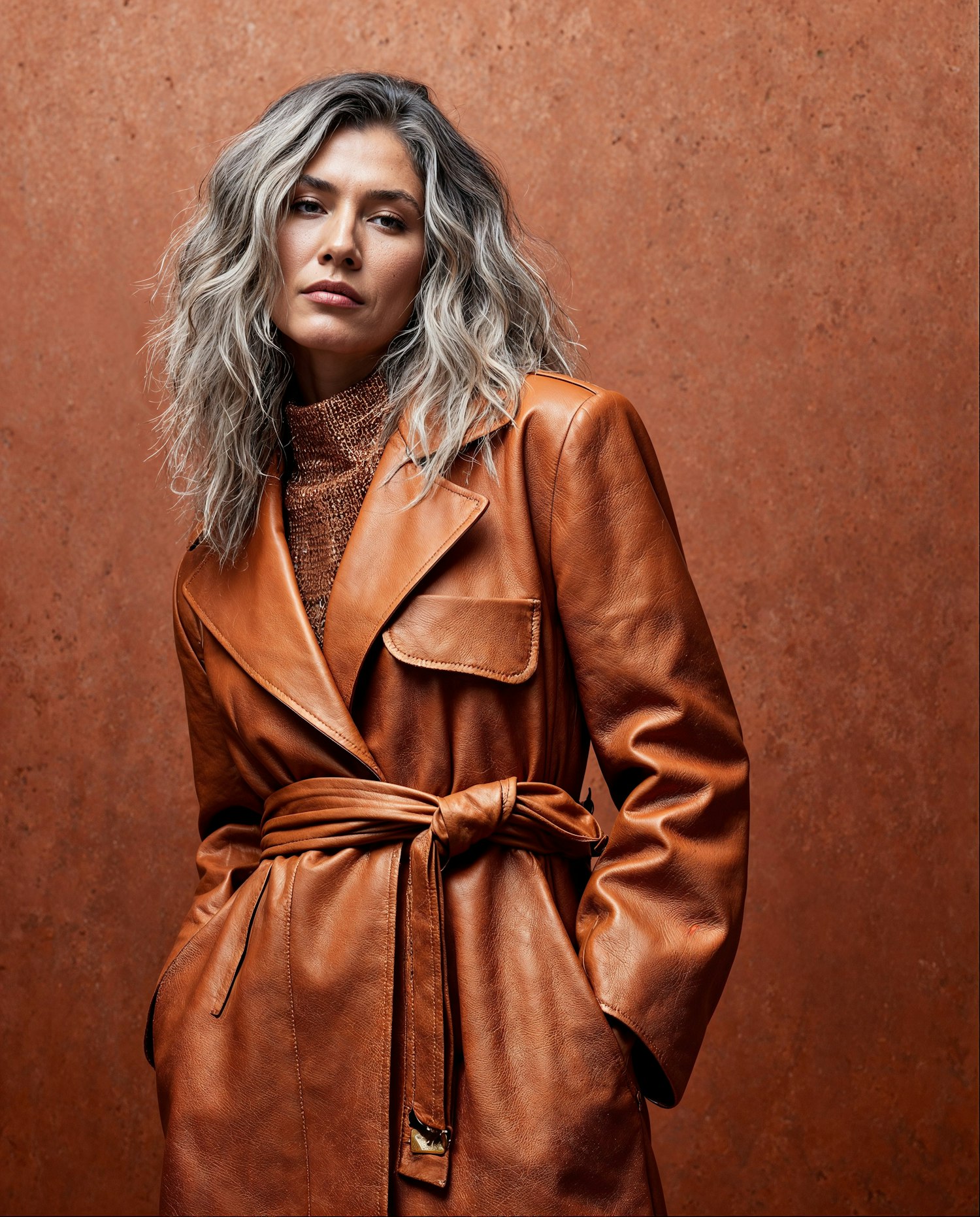 Elegant Woman in Leather Coat