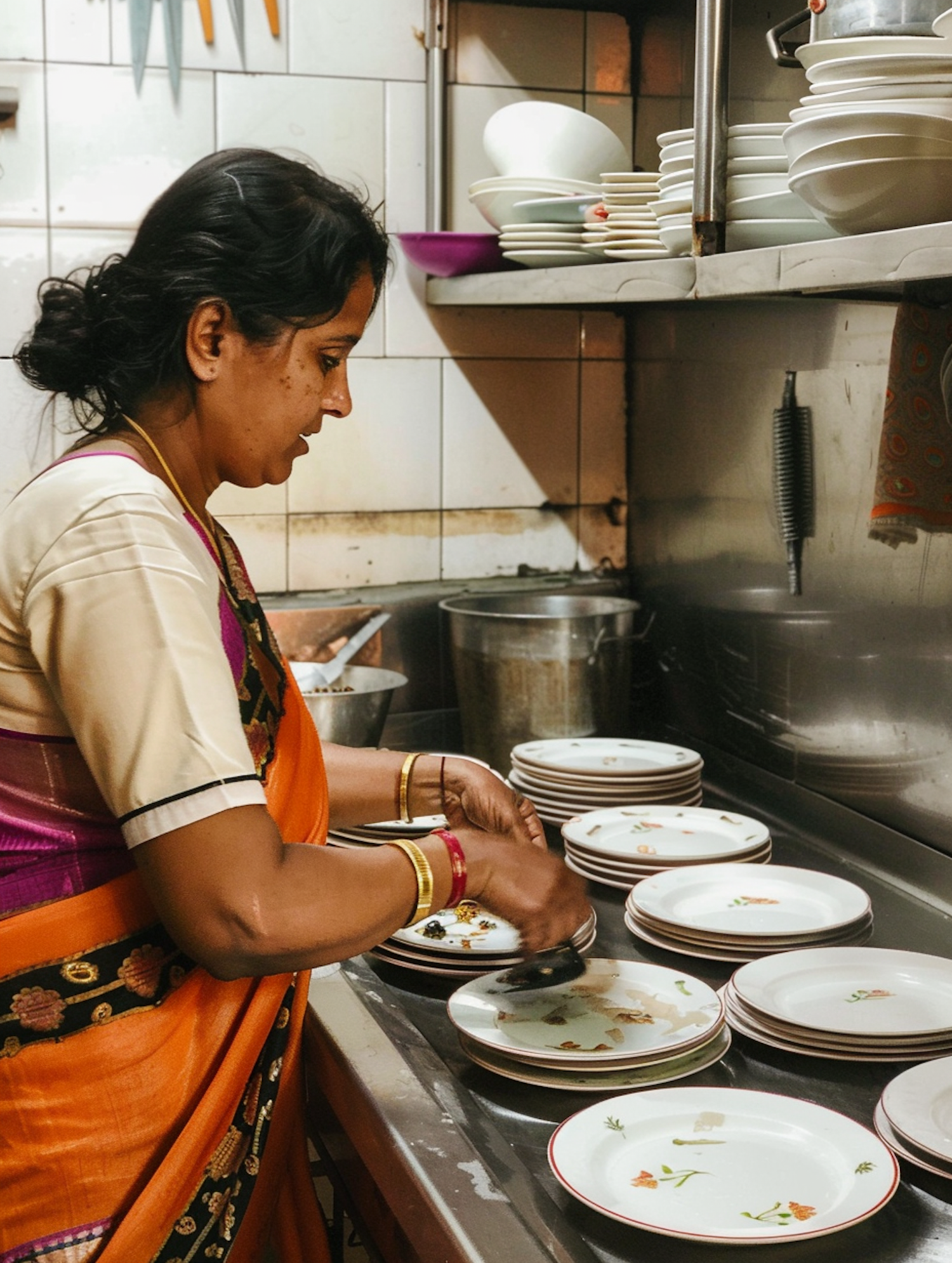 Woman in Traditional Attire Preparing Food