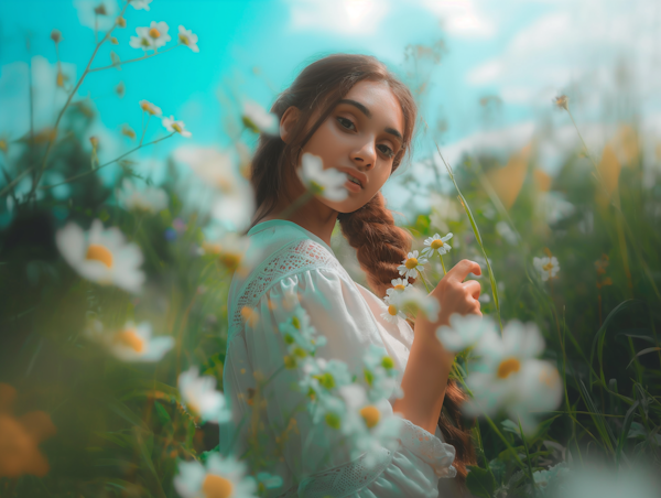 Tranquil Meadow - Young Girl with Flowers