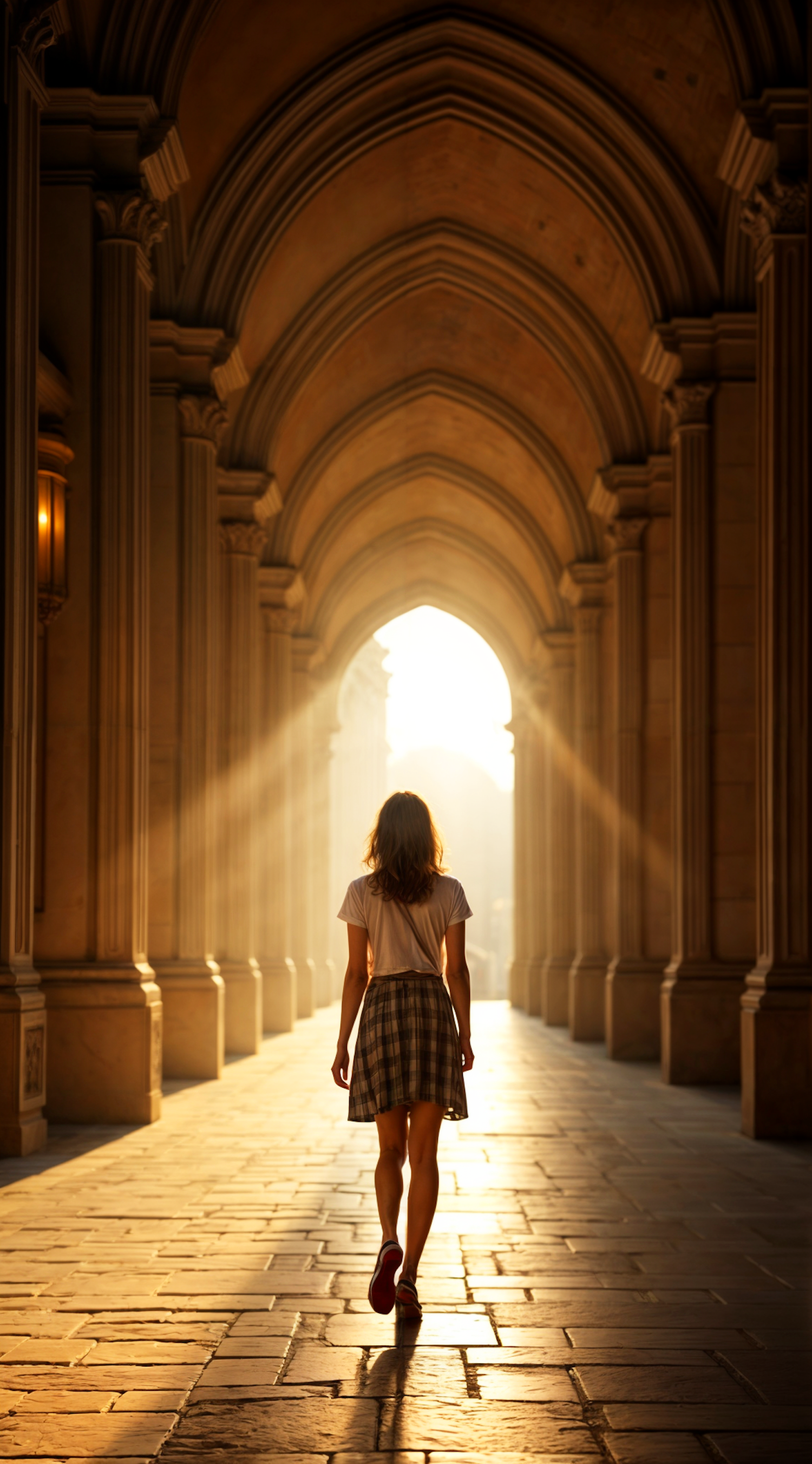 Woman in Sunlit Corridor