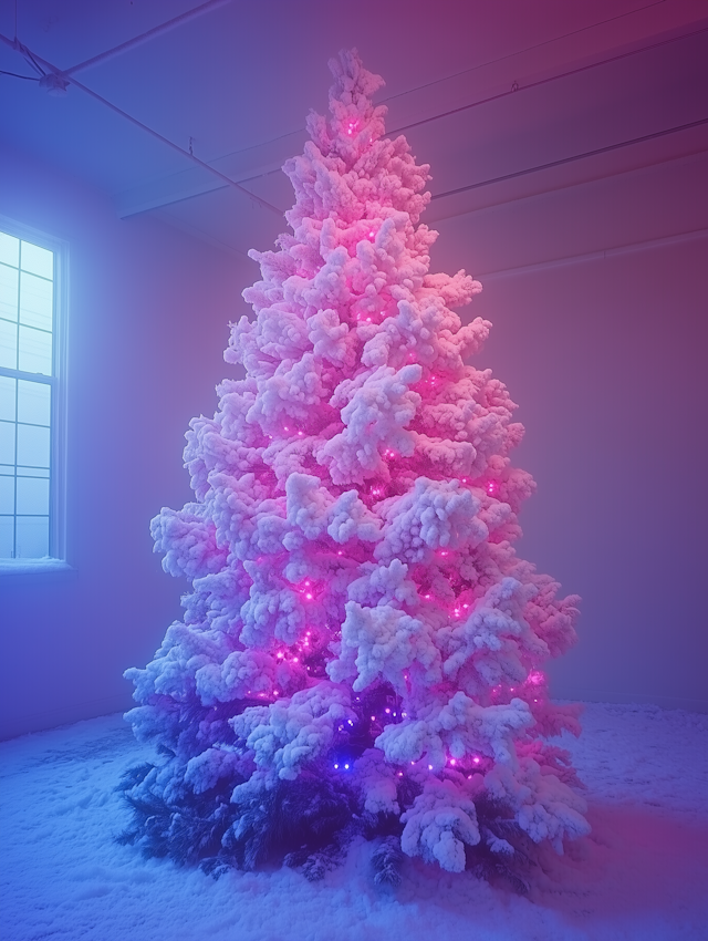 Snow-Covered Christmas Tree with Pink and Purple Lights