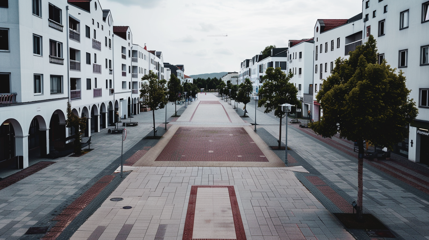 Symmetrical Pedestrian Zone with Modern Buildings