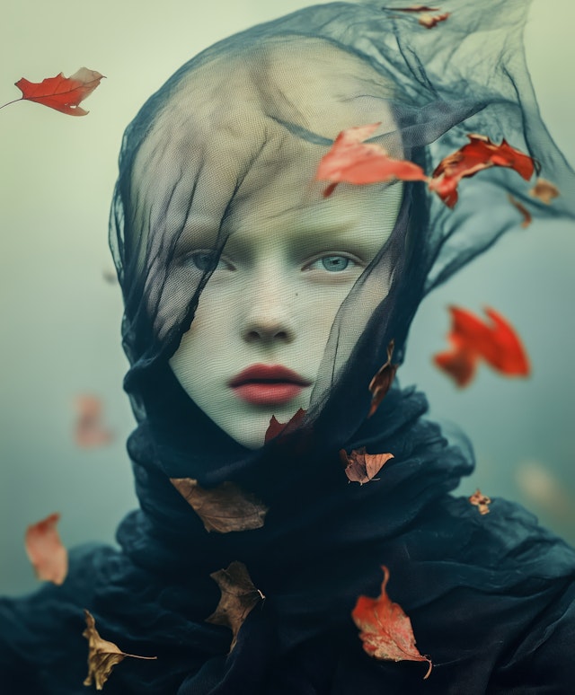 Ethereal Portrait with Autumn Leaves