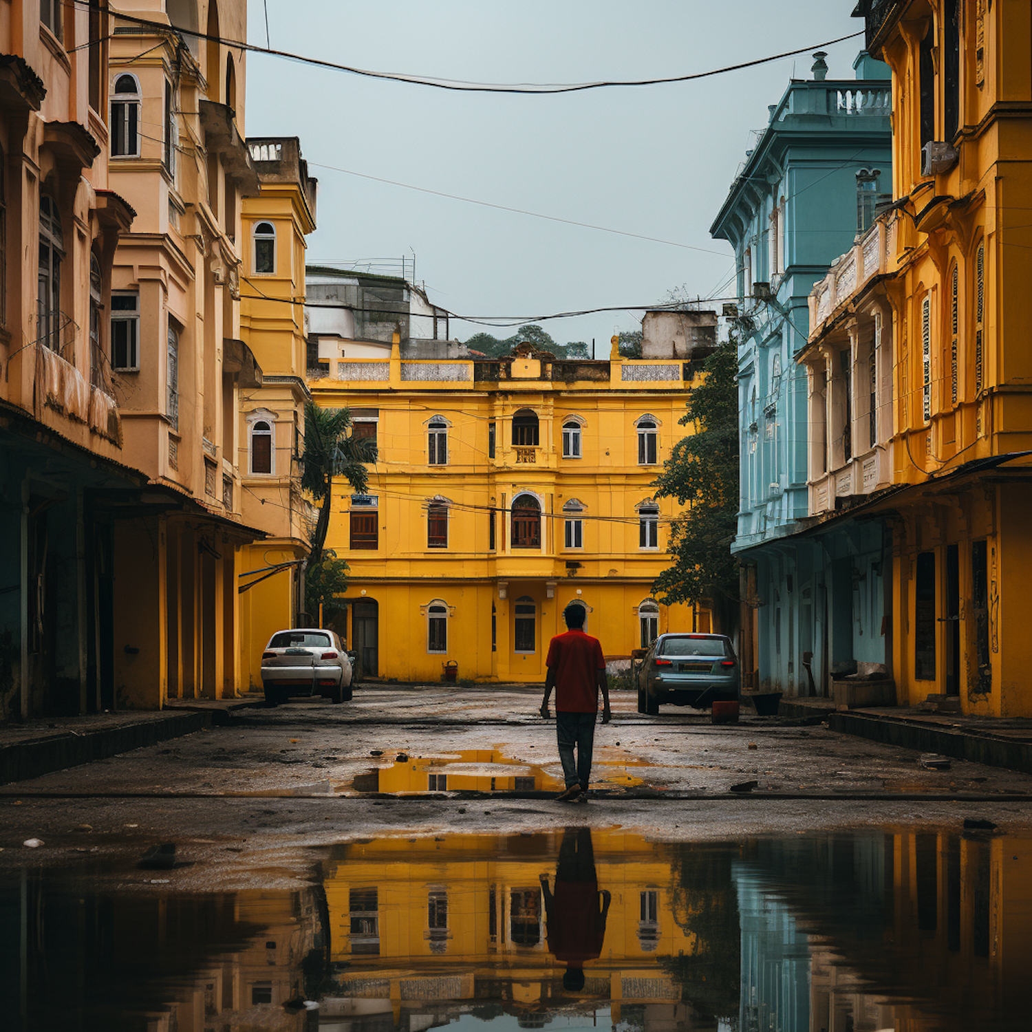 Reflective Solitude on a Colorful Colonial Street